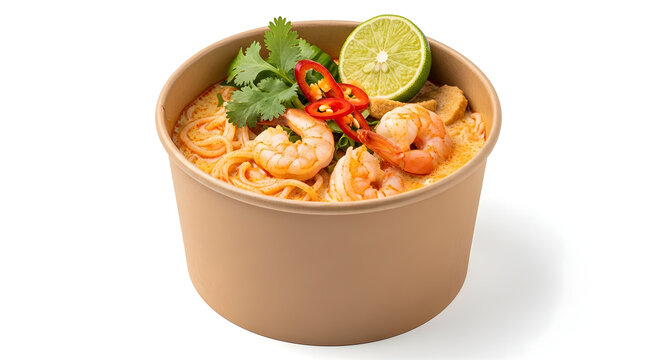 Spicy Shrimp Noodle Soup in Takeaway Bowl with Lime and Herbs