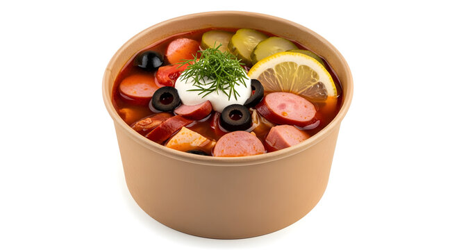 Hearty Solyanka Soup with Meat and Vegetables in Disposable Bowl