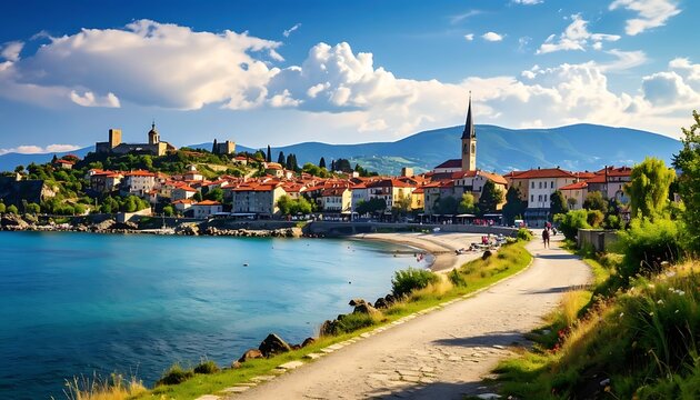A scenic coastal town with a sandy beach and clear blue water