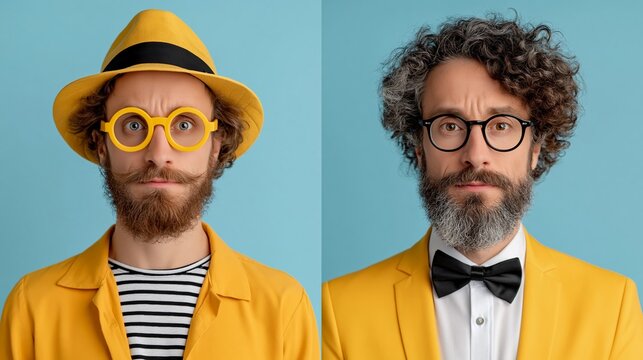 Two men in yellow suits pose against a blue wall. One wears a hat and round glasses, the other sports curly hair and a bow tie. Both have beards and stare directly at the viewer