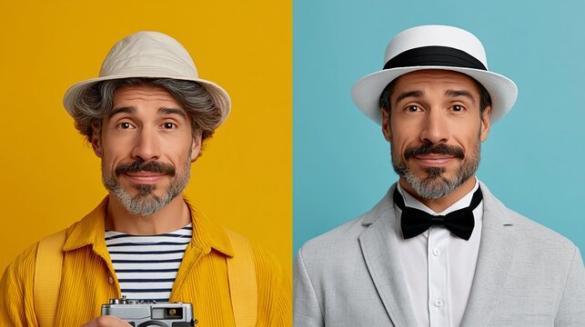 Two men in stylish hats pose against colorful backgrounds. One wears a yellow jacket, holding a camera. The other sports a tuxedo with a bow tie. Both look friendly, smiling warmly at the viewer