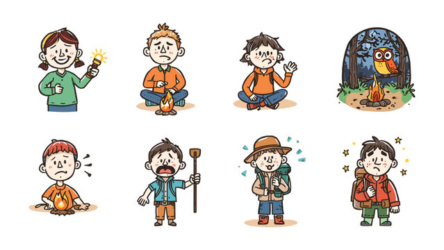 Camp Life Emotions: A collection of cartoon illustrations depicts children experiencing a range of emotions and situations during a camping trip, from excitement and fear to curiosity and discomfort.