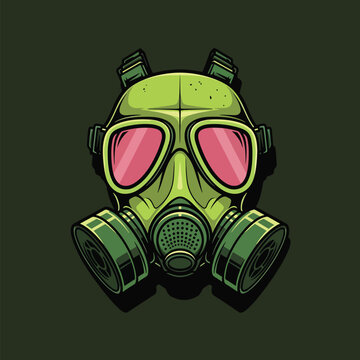 Stylized neon green gas mask with pink lenses illustration.