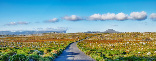 Obraz premium Road, landscape and countryside with field, mountains and clouds in sky with infrastructure for transport. Outdoor, nature and environment with highway, shrub and banner on savanna at national park