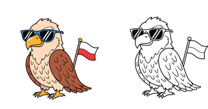 Cool Cartoon Eagle Wearing Sunglasses and Holding a Polish Flag, in Color and as a Black and White Outline.