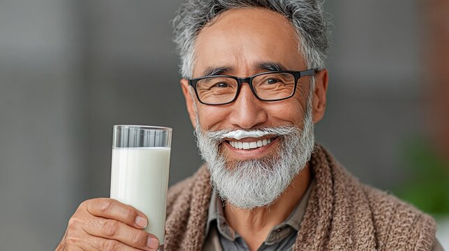 Happy older man smiles while holding a glass of milk. Glasses frame his joyful, friendly expression. Gray beard and hair add warmth to his appearance. Cozy sweater suggests comfort