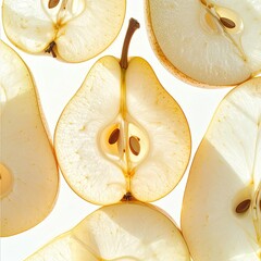 Sliced pears arranged on a white background, revealing translucence and seeds