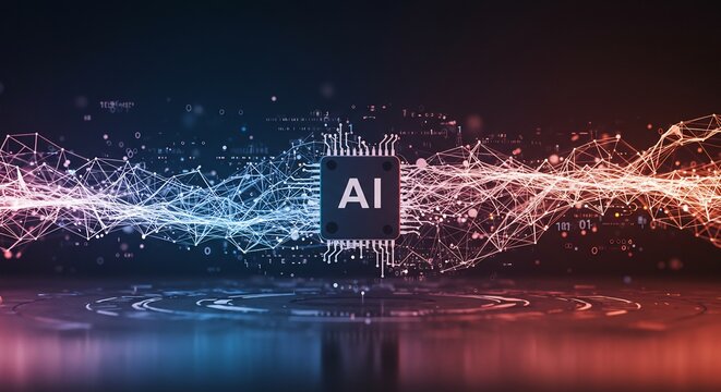 人工知能を司るAIチップが鮮やかな青と赤の光を放ち水面に反射しながら複雑に広がるデータネットワークを活性化させる未来のビジョン