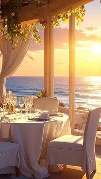 Romantic sunset wedding dinner table set for two overlooking the ocean