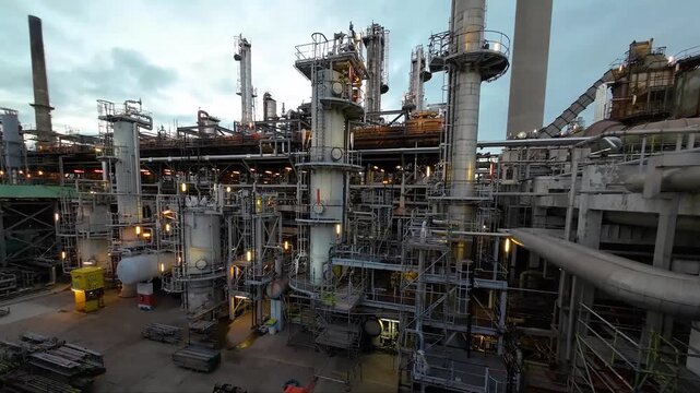 Panorama inside of the interior of a chemical plant or oil refinery at dusk. Pipeline structure, heavy equipment in process area. Steel tanks and boilers with pipelines and valves for chemical mixing.