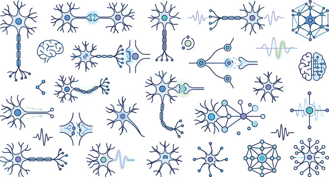 Professional Neuroscience Vector Collection featuring Neuron Cells, Synaptic Connections, Brain Icons, and Nerve Impulses for Medical Education, Neurology, and Neural Network Designs