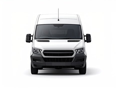 Front view of a modern white cargo van on a white background