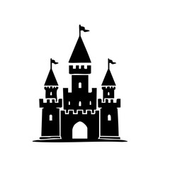 Obraz premium Stylized black castle silhouette icon with multiple towers, battlements, and flags