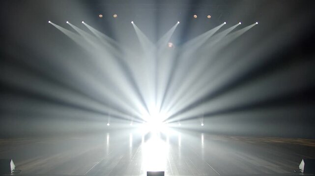 Empty performance stage with rustic wooden floorboards illuminated by moving white spotlights and smoke effects.