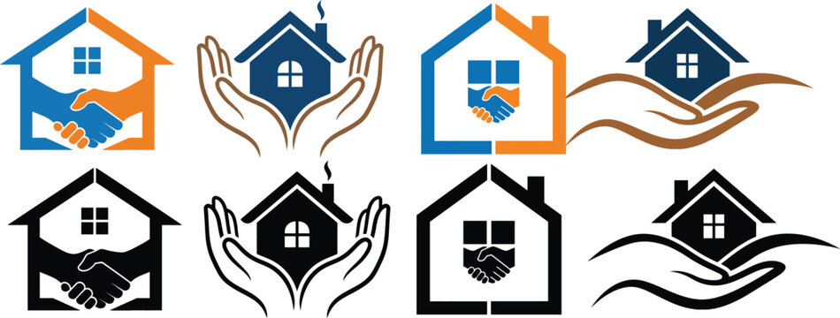 Real estate logos handshake house protection and home ownership concepts