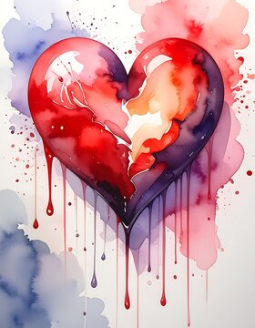 A broken heart with red and blue watercolor splatters
