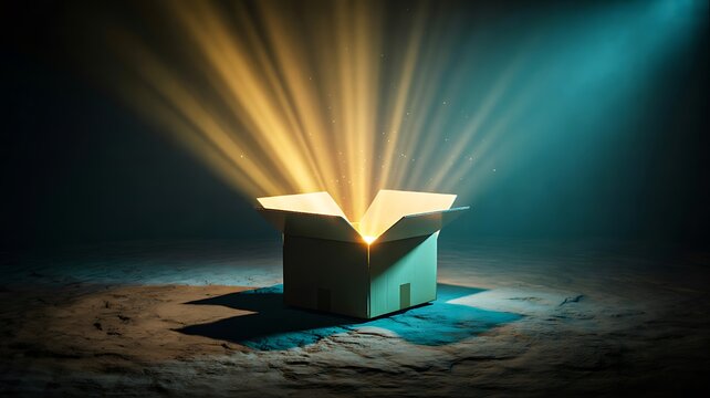 Open cardboard box with glowing light rays and magical surprise concept in dark background