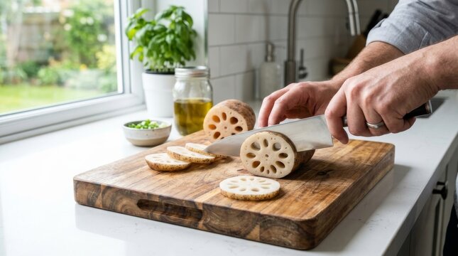 Hands slicing fresh lotus root on wooden cutting board in kitchen