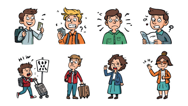 Travel Emotions Set: A collection of cartoon illustrations depicting various emotional states associated with travel, from excitement and anticipation to frustration and confusion.