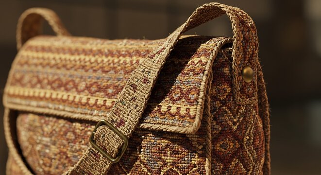 柔らかな自然光に照らされた手織り模様のショルダーバッグ繊細な織り地が放つ素朴な魅力と温かみある色彩