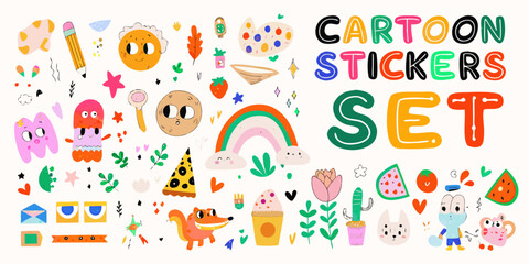 colorful cartoon sticker set with whimsical illustrations of fruits animals and stationery high quality professional detailed modern elegant © PRODIP