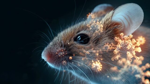 Close-up of a mouse's head covered with glowing virus particles, conceptualizing disease transmission and zoonotic risk in a dark scientific setting.