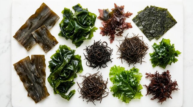 Assortment of Dried Seaweed Varieties on White Board