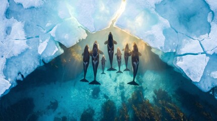 Orcas Swimming Under Ice in Pristine Arctic Waters © Suparjo