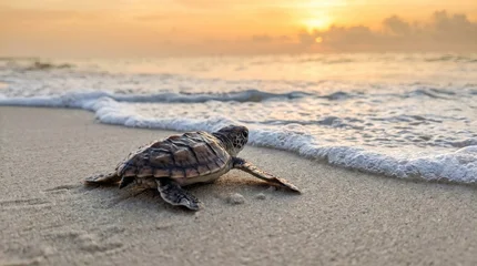 Fototapete Schildkröte Baby sea turtle crawling towards ocean at sunrise on sandy beach  © Suparjo