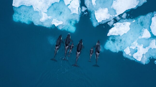 Aerial view of orcas swimming among icebergs in Arctic waters