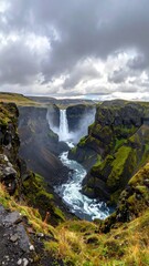 Obraz premium Majestic waterfall cascades into a deep, moss-covered canyon under dramatic, cloudy skies