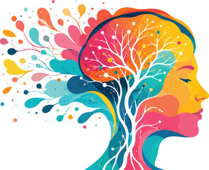 Fototapeta premium Colorful Mental Health and Psychology Concept Vector Illustration, Creative Human Brain Tree Silhouette in Profile, Mindfulness, Neurology, Emotional Intelligence, and Innovation Conceptual Graphic.