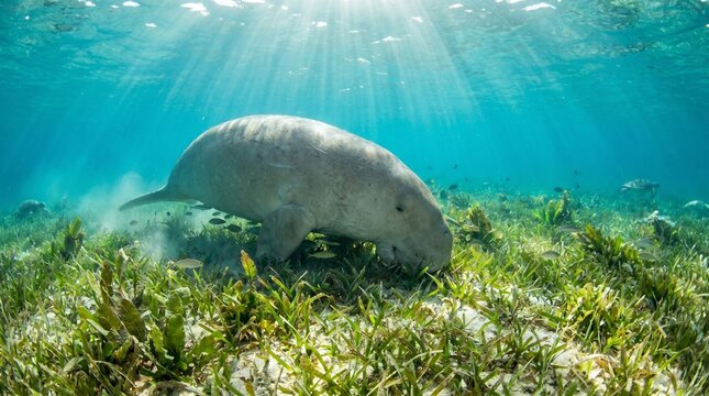 Dugong grazing on seagrass in clear tropical ocean waters