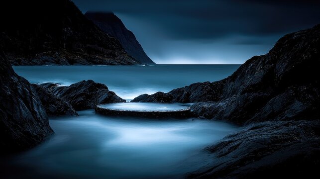 Dark, brooding coastal scene captures smooth water flowing around rugged rock formations under a twilight sky