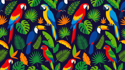 Vibrant tropical parrots and leaves pattern. © Ira Project
