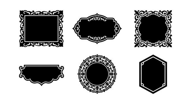 Ornate Decorative Frames Collection, Vintage Flourish Labels, Elegant Black Vector Emblems for Design Projects, Retro Graphic Elements