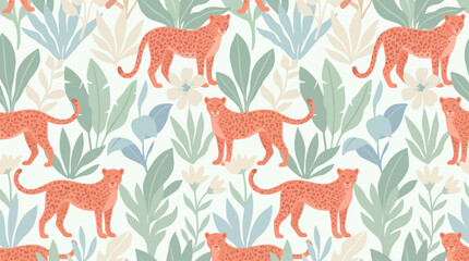 Vibrant orange leopards in tropical jungle pattern. © Ira Project