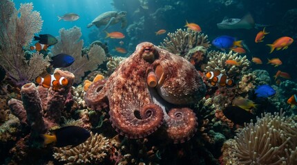 Colorful coral reef with diverse marine life and octopus © Suparjo