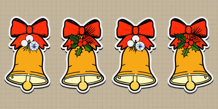 Cartoon golden bells with red bows sticker style illustration