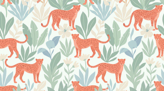 Vibrant orange leopards in tropical jungle pattern.