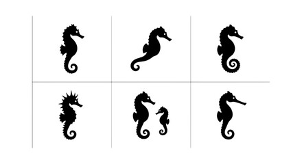 Seahorse Silhouettes Vector Set, Marine Life Icons, Ocean Creatures Graphics, Nautical Design Elements © Mominul