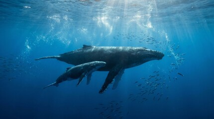 Fototapeta premium Majestic humpback whales swimming underwater with sunlight streaming down
