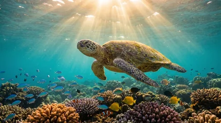Fototapete Schildkröte Sea turtle swimming over vibrant coral reef in sunlit ocean  © Suparjo