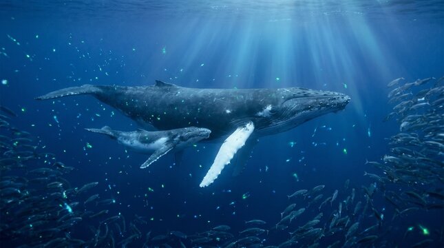 Humpback whale mother and calf swimming in ocean with sunlight beams