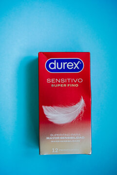 Barcelona, Spain, 12 May, 2026. Durex box sensuous condom packaging on blue background in Barcelona, Spain