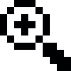 Obraz premium A black pixelated magnifying glass icon with a plus sign inside.