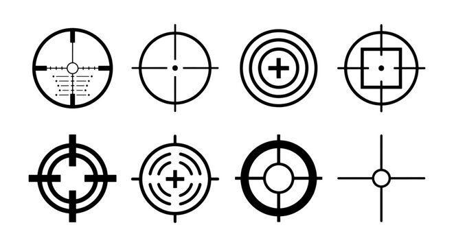 Target Icons Set, Crosshair Symbols Collection, Reticle Graphics, Aiming Circles, Precision Markers, Military Optics, Sniper Scopes, Vector Elements