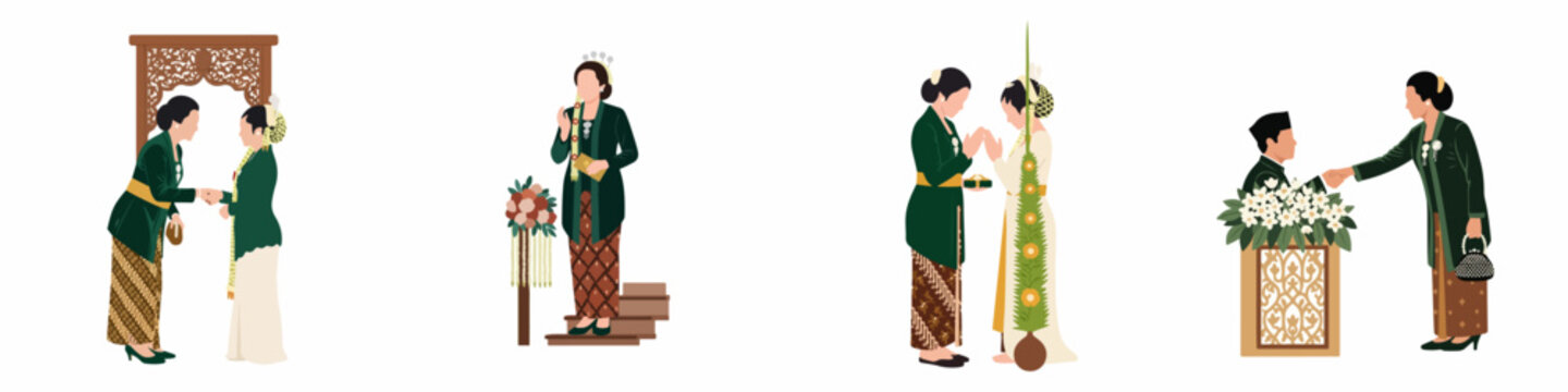 Collection of Flat Illustrations Depicting Various Stages and Rituals of a Traditional Javanese Wedding Ceremony in Indonesia