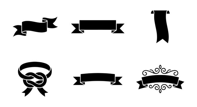 Six Black Ribbon Banners, Decorative Scrolls, and Knot Elements. Vector Set for Design and Decoration. Graphic Design Resources.