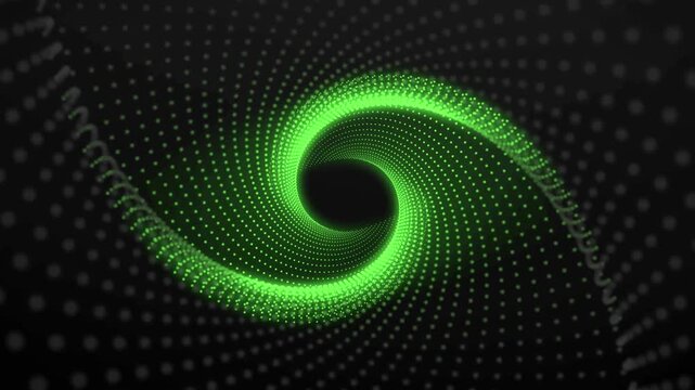 Green dotted spiral swirling into a central vortex with a blurred depth of field on a grey background.